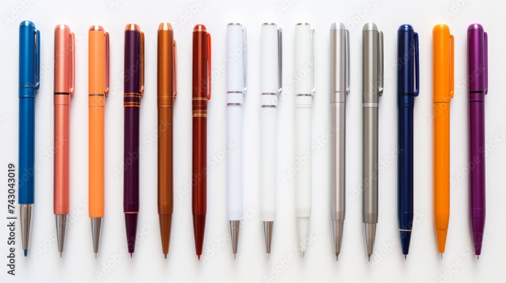 Poster assortment of ballpoint pens in a row generative ai