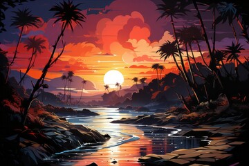 a painting of a sunset over a river with palm trees in the foreground