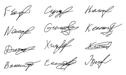 Set of autograph fictitious, handwritten fake signature. Isolated doodle on white background, vector illustration - obrazy, fototapety, plakaty