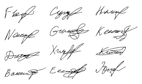 Set of autograph fictitious, handwritten fake signature. Isolated doodle on white background, vector illustration