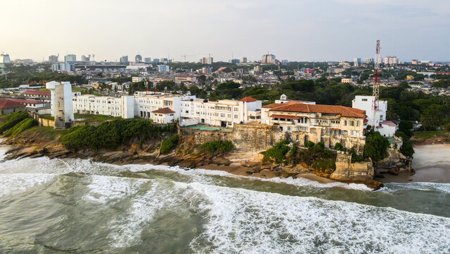 Aerial view of Osu castle and coastline, Accra, Ghana.