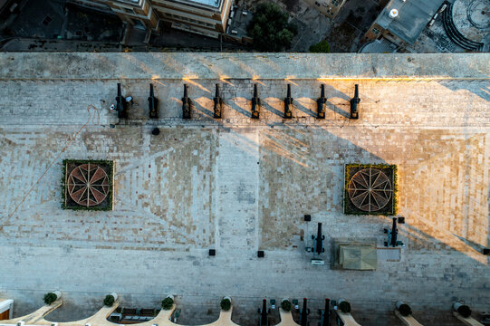 Aerial view of Lascaris War Room and Valletta in warm sunset, South Eastern Region, Malta.