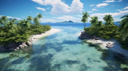 Generative AI Bird's eye perspective offering a glimpse of palm-lined shores, secluded islets, and pristine beaches creating a postcard-worthy scene in a tropical paradise.
