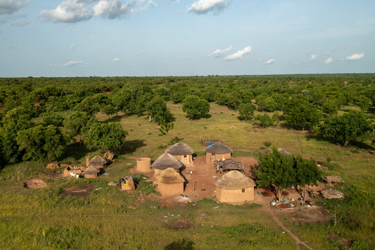 Aerial view of a traditional village in the remote savannah of Savannah Region, Ghana.