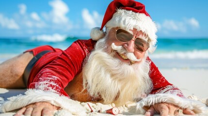 Santa claus enjoying relaxing time on a beautiful tropical beach during christmas holiday season