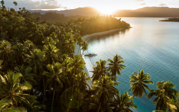 Aerial view of White Beach in Port Barton, Palawan, Philippines.