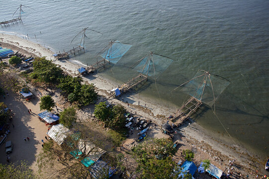 Aerial view of Kochi with Chinese nets on the riverbank, Kerala, India.