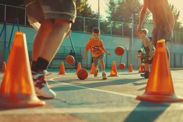 Children play basketball on training court. Happy kids bouncing basketballs between practice cones in sunny day. Basketball education for school kids - obrazy, fototapety, plakaty