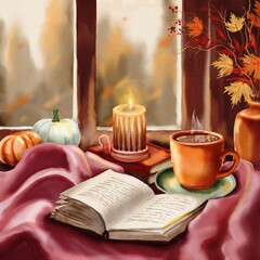 Cozy autumn illustration with window, mug of hot cocoa, open book, candle and pumpkin. Watercolor digital illustration
