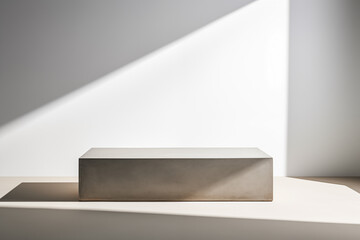 White bench placed in the center of a room, creating a podium or platform for presentations.