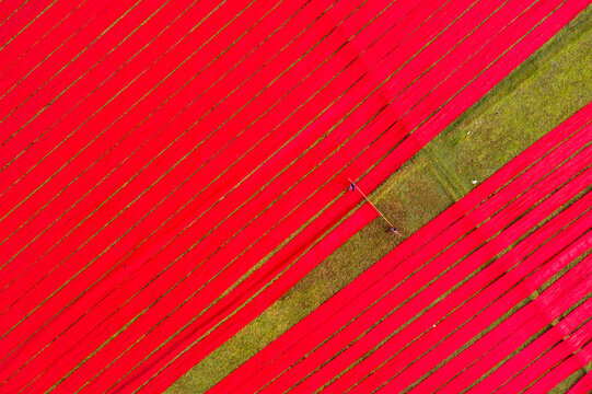 Aerial view of people working with red cloth drying lines at textile factory, Narsingdi, Bangladesh.