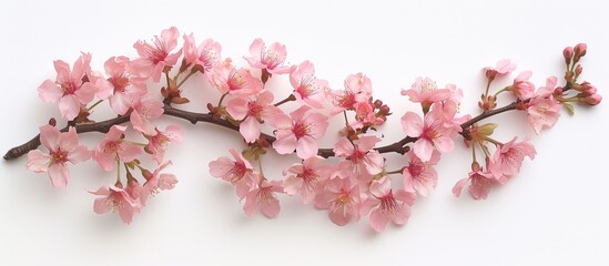 A branch filled with pink flowers stands out against a plain white background, showcasing the delicate beauty of nature in full bloom.