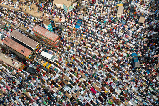 Aerial view of packed congregation of Muslim devotees praying and worshipping at Bishwa Ijtema event, Tongi station, Gazipur, Bangladesh.