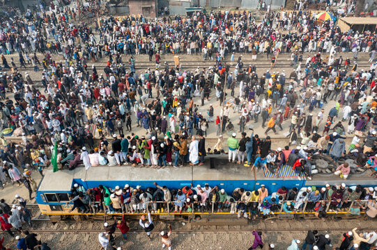 Aerial view of crowded train station in Dhaka, Bangladesh.