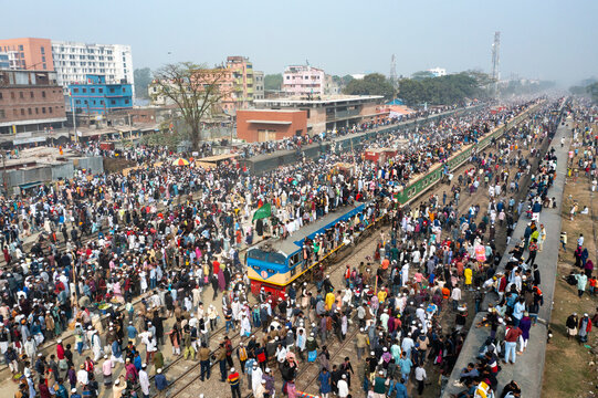 Aerial view of crowded train station in Dhaka Division, Bangladesh.