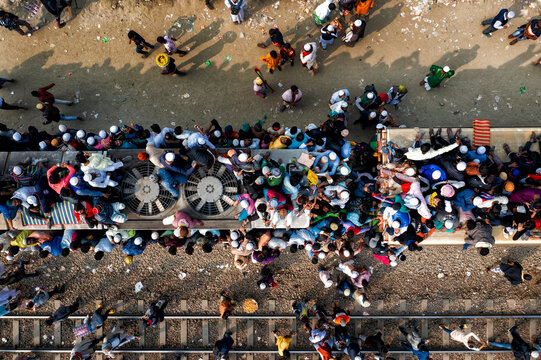 Aerial view of crowded train station in Munshiganj, Dhaka Division, Bangladesh.