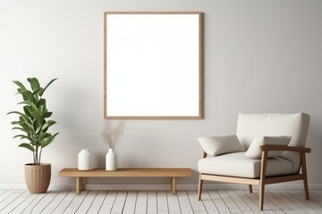 Modern Living Room with Wood Frame, Blank Canvas, Scandinavian Interior Design