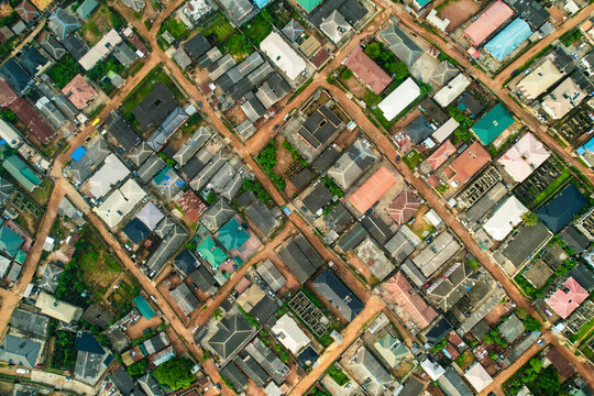 Aerial view of suburban residential area with grid-like pattern, Ogun State, Nigeria.