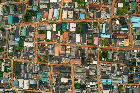 Aerial View Of Urban Residential Community With High Density Housing And Lined Roads, Ogun State, Nigeria.