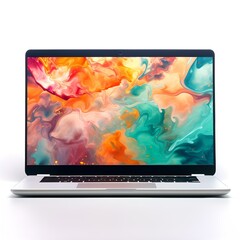 Modern laptop with vibrant abstract wallpaper on a white background