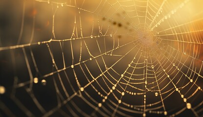 Fototapeta premium Spider Web, Water Beads, Close-up Shot, Outdoor Nature, Morning Scene, Macro Photography