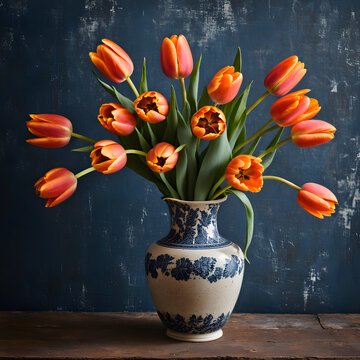 Bouquet of orange tulips in vase on dark background