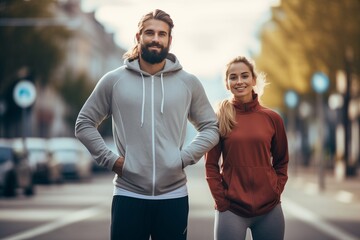 Morning Stretching Session: Handsome Man, Sporty Woman Run Outdoors