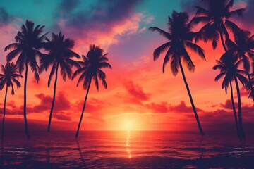 Fototapeta na wymiar Tropical Sunset, Island Beach, Palm Trees Background, Exotic Atmosphere, Coastal Evening Beauty
