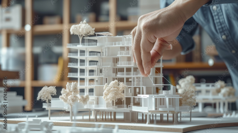 Poster detailed architectural model of a multi-story building with a person's hand adjusting or pointing to