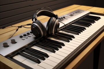 Piano Keyboard, Headphones for Music Listening, Black Background with Text Space