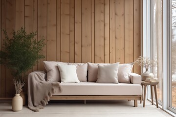 Modern Living Room, Sofa, Pillows, Blanket, Window, Wooden Paneling Wall, Scandinavian Style Interior Design