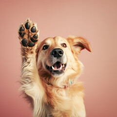 Dog giving high five isolated on pastel background