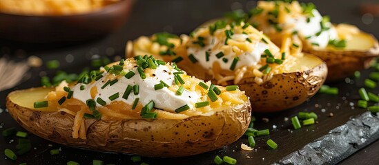 Hot Baked Potato with chives cheese and sour cream. with copy space image. Place for adding text or design - obrazy, fototapety, plakaty