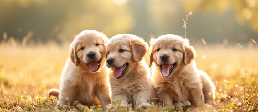 Three adorable purebred golden retriever puppy outdoors in the nature on grass meadow on a sunny summer day. with copy space image. Place for adding text or design