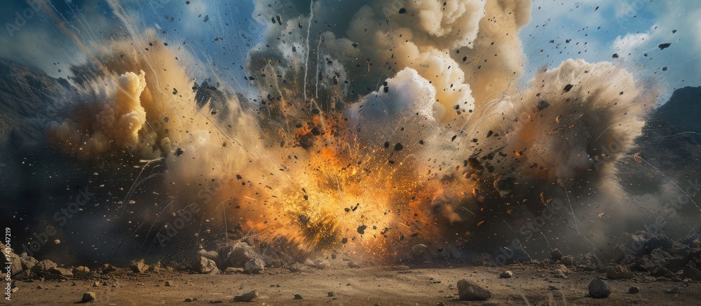 Poster explosion of military explosives in the open. with copy space image. place for adding text or design