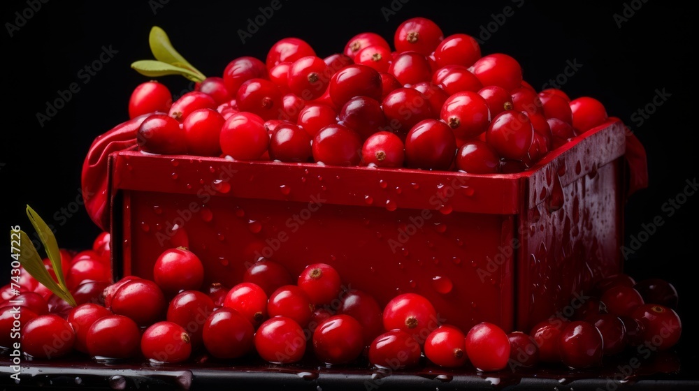 Poster Close-up realistic photo featuring a box filled with bright red cranberries Generative AI
