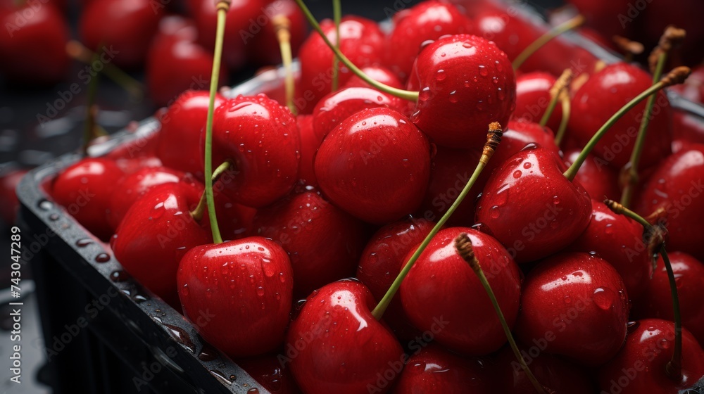 Poster Close-up realistic photo capturing a box of bright red cherries Generative AI