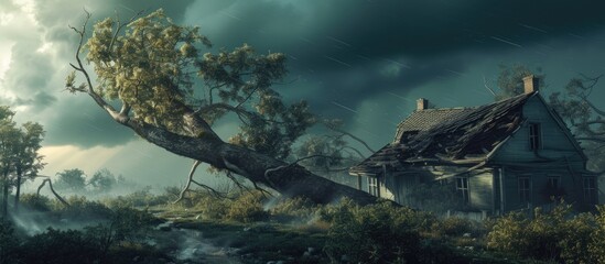 An uprooted tree fallen on a house in the aftermath of a thunderstorm with strong winds. with copy...