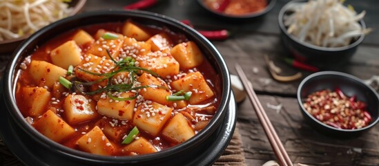 Close up iron dish of Seafood Cheese Tteokbokki Spicy Rice Cake Korean food. with copy space image. Place for adding text or design