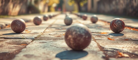 Bocce is a ball sport belonging to the boules sport family closely related to bowls and p tanque with a common ancestry from ancient games played in the Roman Empire. with copy space image - obrazy, fototapety, plakaty
