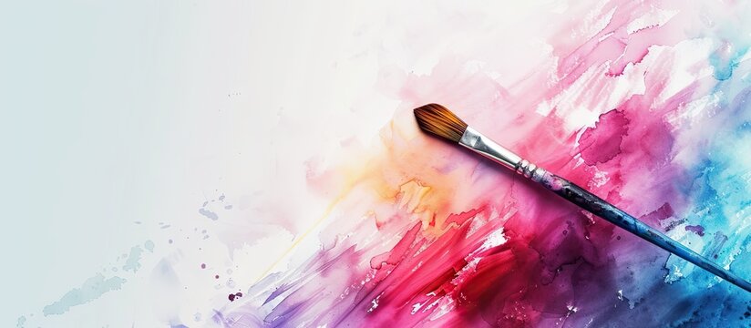 Artist draws colorful gradients in watercolor paint on a white canvas with an art brush View from behind the shoulder Drawing with watercolors in a home art studio. with copy space image