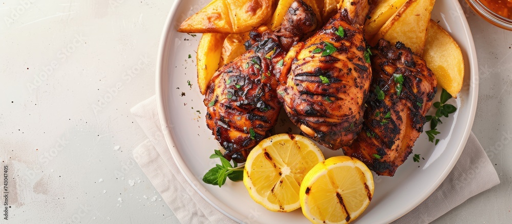 Poster chicken and chips jerk caribbean cuisine on a plate. with copy space image. place for adding text or