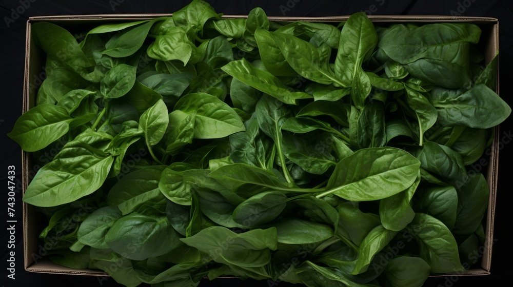 Poster close-up realistic photo featuring a box packed with vibrant green spinach leaves generative ai