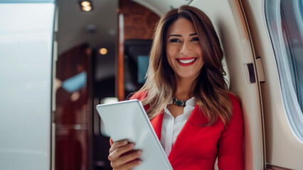businesswoman CEO standing confidently in the doorway of a private jet and holds a tablet connected to a global online business network with smiling.