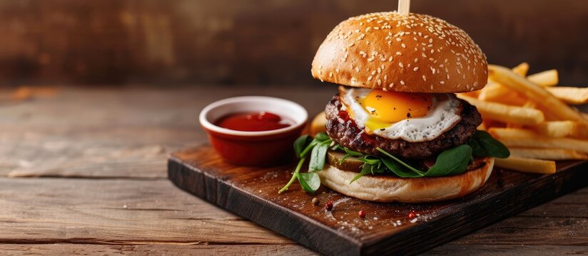 Prepare delicious fragrant golden sesame burger with fried egg spinach and meat cutlet placed on a table in wooden tray with fries golden potato and metal saucers. with copy space image