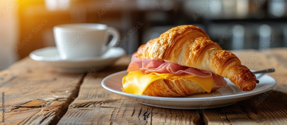 Poster croissant sandwich with ham and cheese and take away coffee cups on wooden table. with copy space im
