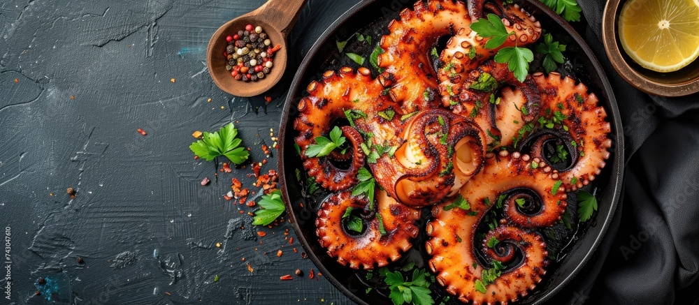 Leinwandbilder Grilled octopus with herbs and spices on frying pan Top view flat lay. with copy space image. Place for adding text or design