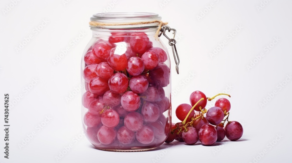 Aufkleber close-up realistic photo featuring a glass jar filled with sweet red grapes against a white backgrou