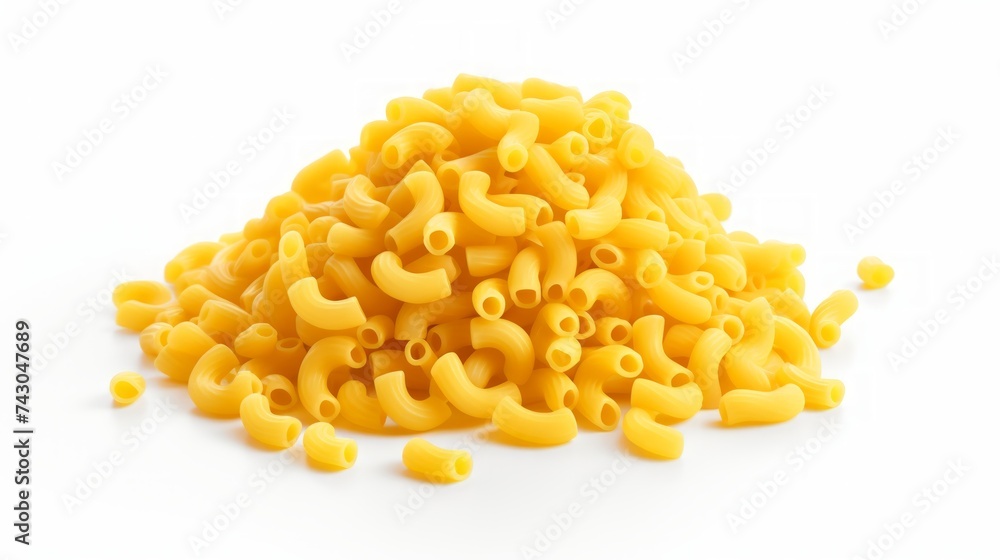 Poster close-up realistic photo featuring a pile of macaroni pasta on a white background generative ai