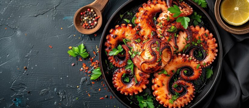 Grilled octopus with herbs and spices on frying pan Top view flat lay. with copy space image. Place for adding text or design